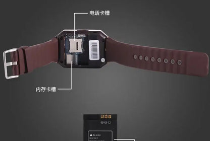 High quality DZ09 smartwatch with brown strap, SIM and TF card slots, supports business days