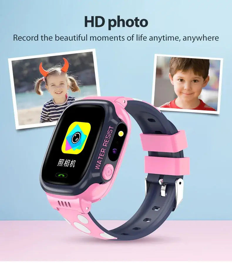 Pink and black kids smartwatch mobile phone with camera, water resistance, and anti-lost wristband