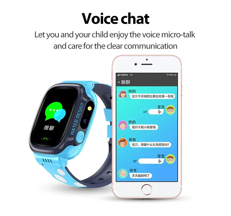 Blue and black kids smartwatch mobile phone with voice chat, SIM card, and anti-lost band