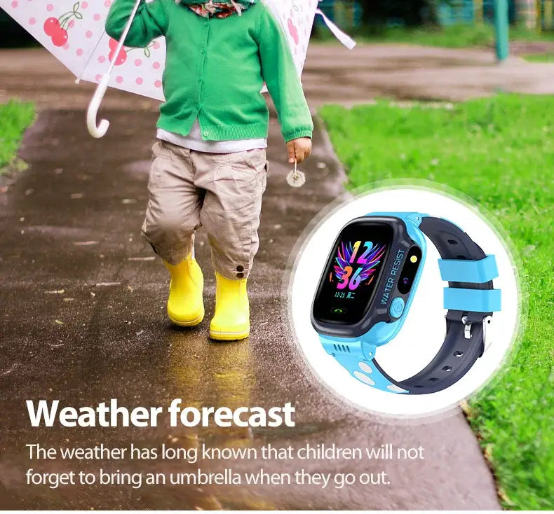 Blue and black kids smartwatch mobile phone with digital display and anti-lost wristband