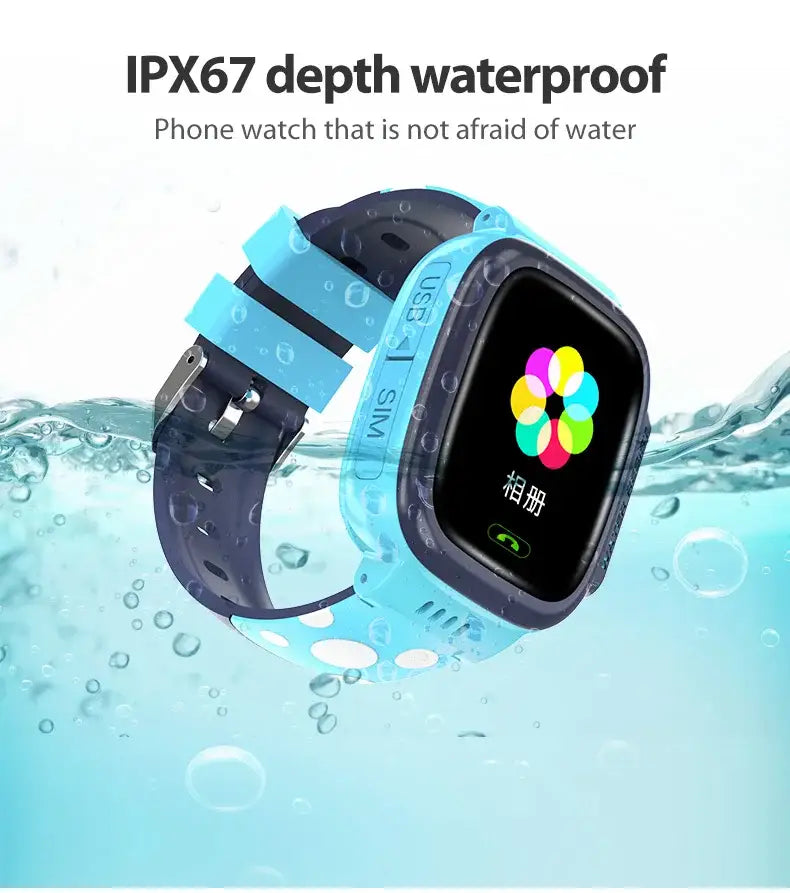 Waterproof smartwatch mobile phone with blue band and colorful flower icon for kids