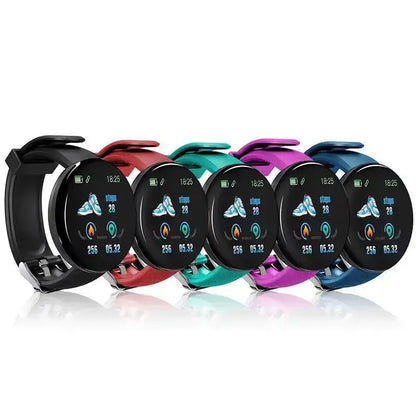 Smartwatch with HD LCD Screen D18 featuring colorful silicone bands in black red teal purple and blue
