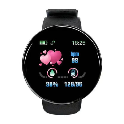 Black smartwatch with LCD Screen D18 displaying health metrics and time for business days