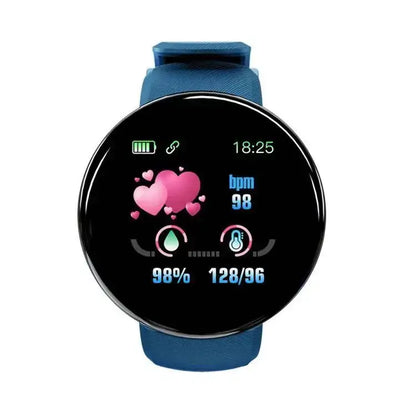 Blue Smartwatch with HD LCD Screen D18 displaying health metrics, ideal for business days