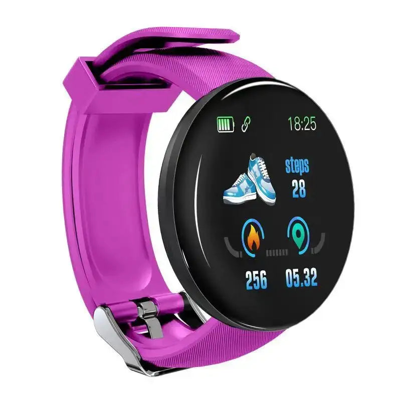 Purple round-faced Smartwatch with LCD Screen D18 displaying fitness metrics