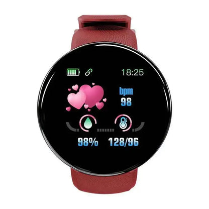 Round-faced red Smartwatch with HD LCD Screen D18 displaying health metrics for business days