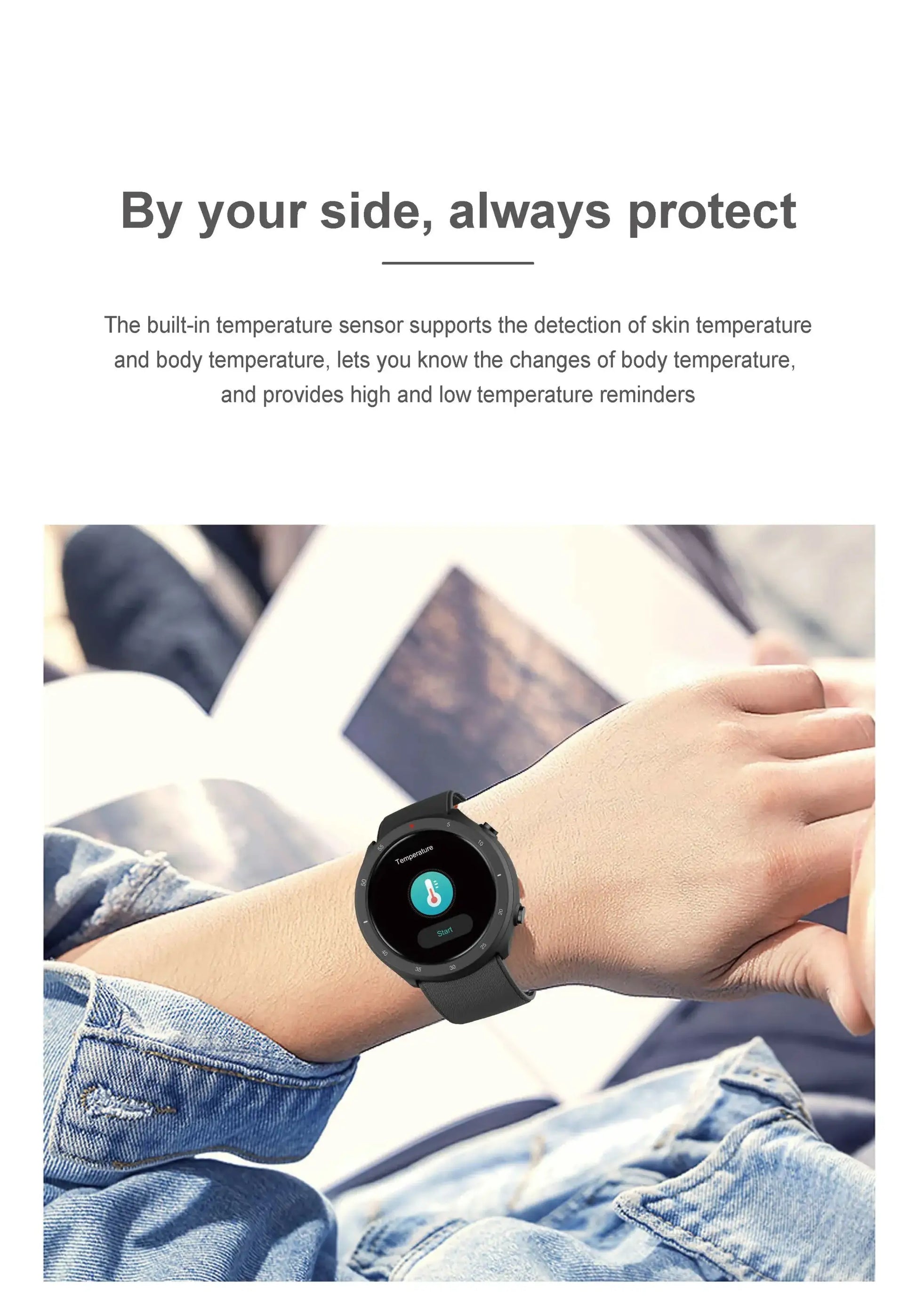 Black Smartwatch XW100 with temperature sensor for blood pressure and heart rate monitoring, 373px height, width 373px height