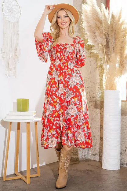 Smocked Dress w/ Pockets Red or Green ?? USA Made - Red Combo / S - Dress