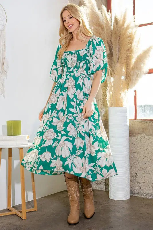 Smocked Dress w/ Pockets Red or Green ?? USA Made - Green Combo / S - Dress