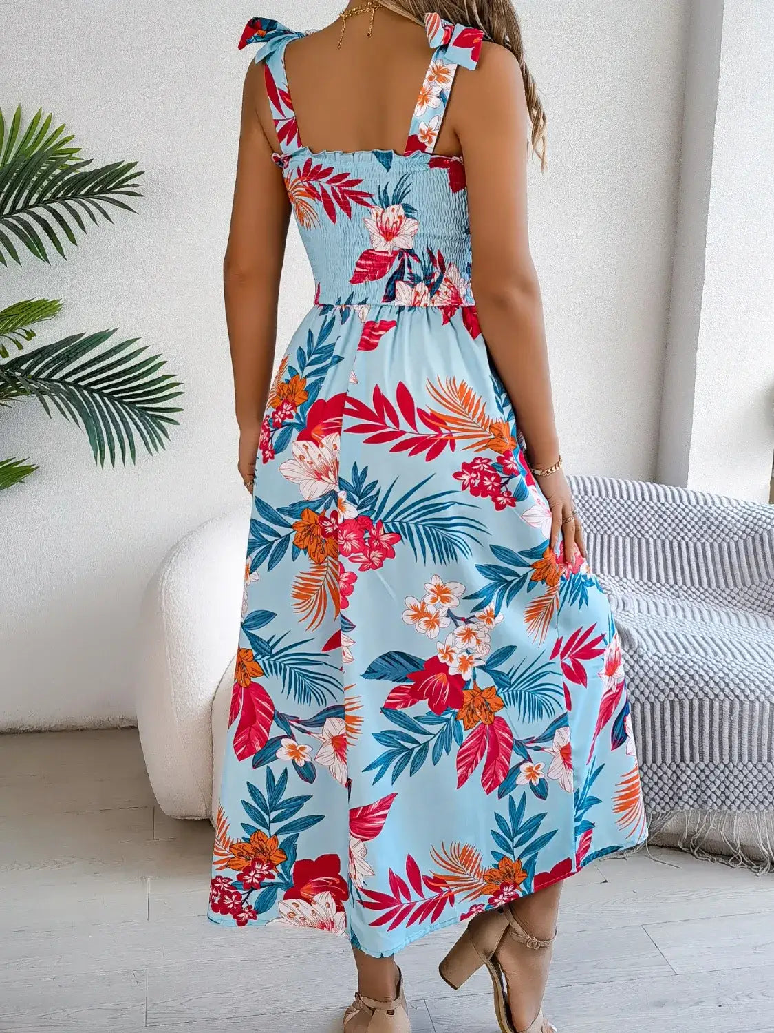 Smocked Floral Tie Shoulder Midi Dress - dress