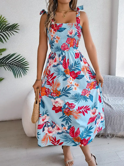Smocked Floral Tie Shoulder Midi Dress - dress