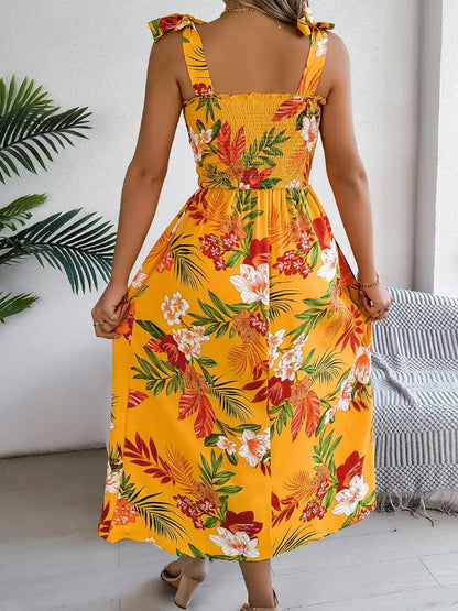 Smocked Floral Tie Shoulder Midi Dress - dress