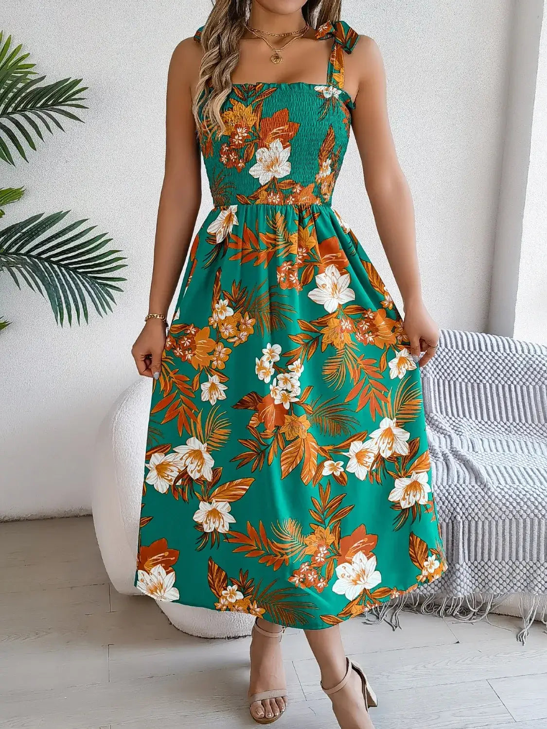 Smocked Floral Tie Shoulder Midi Dress - dress