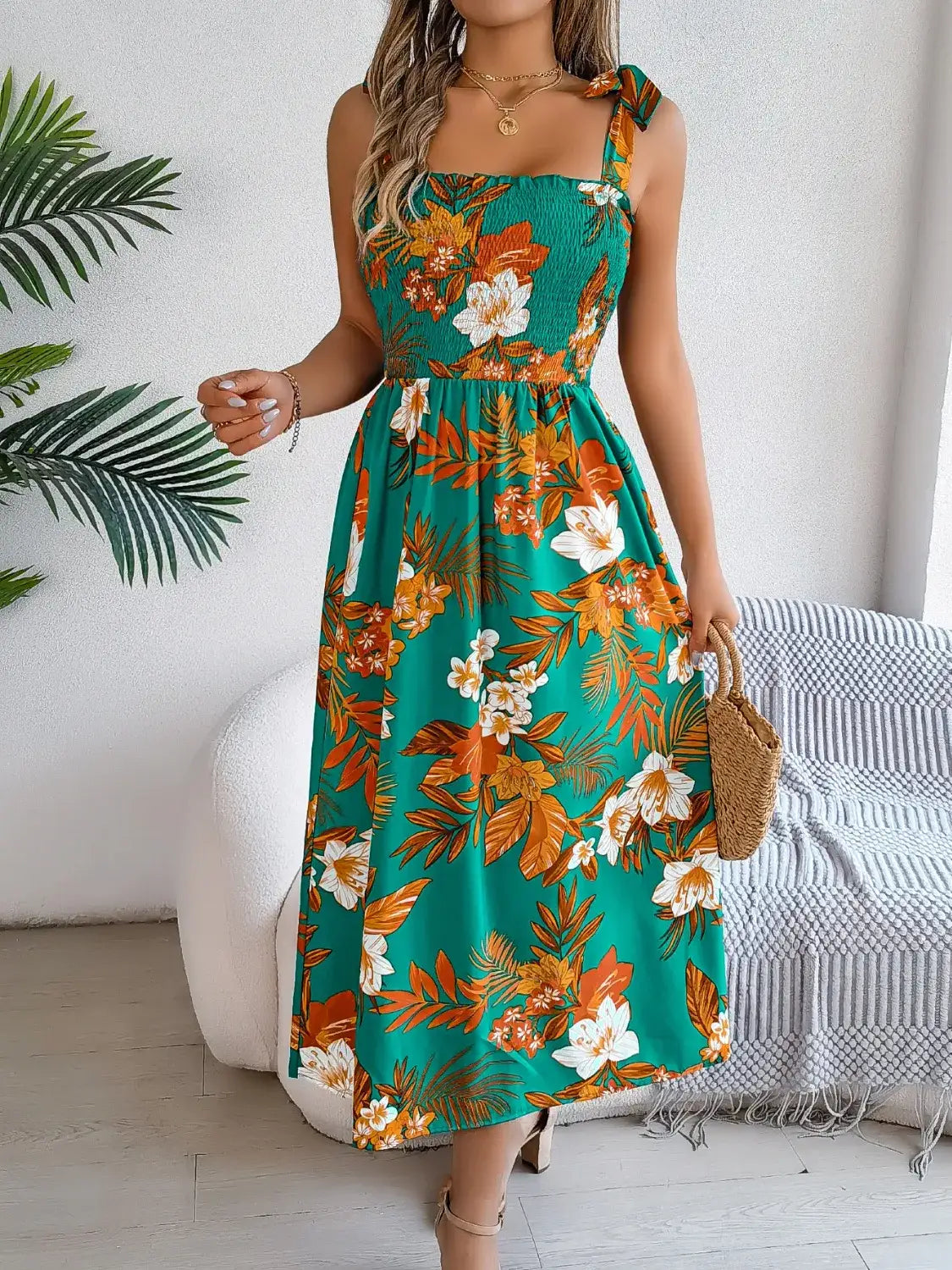 Smocked Floral Tie Shoulder Midi Dress - dress