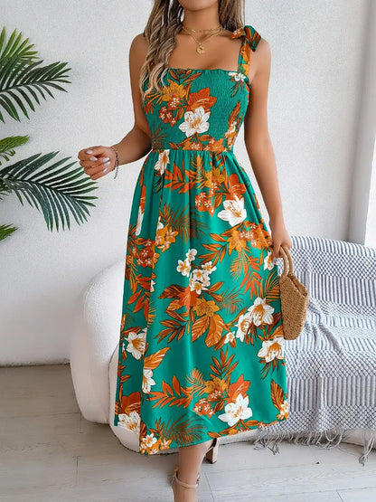 Smocked Floral Tie Shoulder Midi Dress - dress
