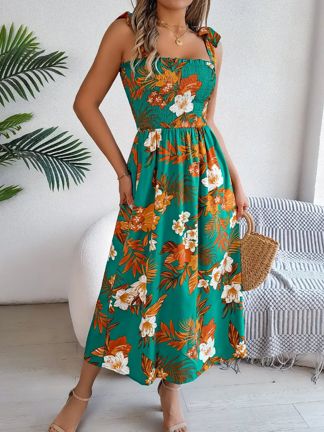 Smocked Floral Tie Shoulder Midi Dress - dress