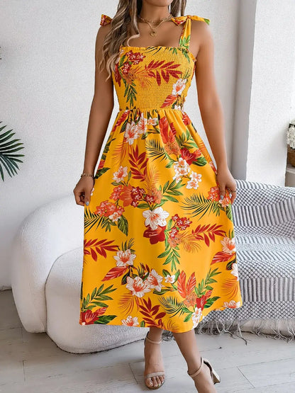 Smocked Floral Tie Shoulder Midi Dress - dress