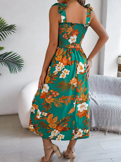 Smocked Floral Tie Shoulder Midi Dress - dress