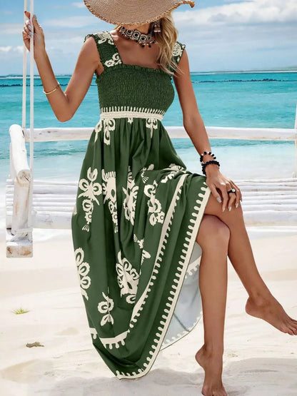 Smocked Printed Wide Strap Maxi Dress - dress