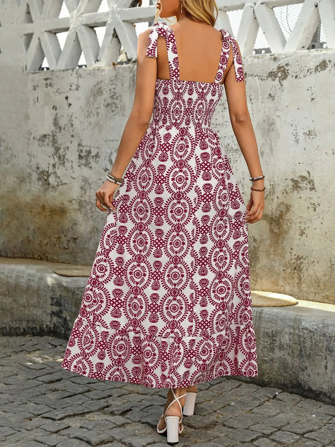 Smocked Slit Printed Tie Shoulder Dress - dress
