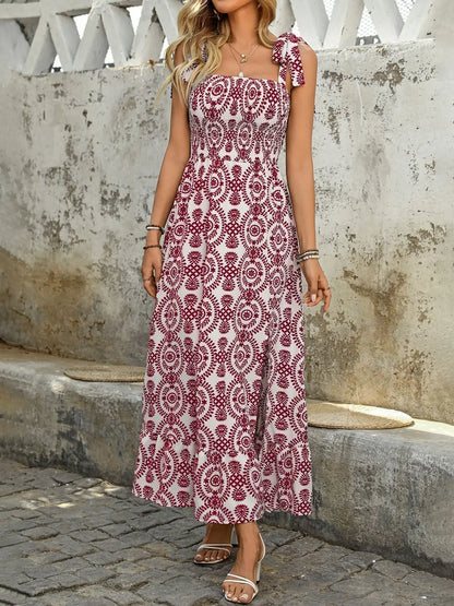 Smocked Slit Printed Tie Shoulder Dress - dress