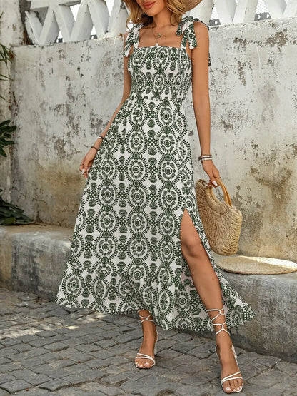 Smocked Slit Printed Tie Shoulder Dress - dress