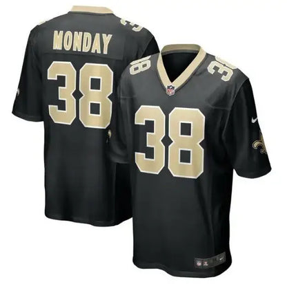Black and gold Smoke Monday New Orleans Saints Nike Game jersey with number 38