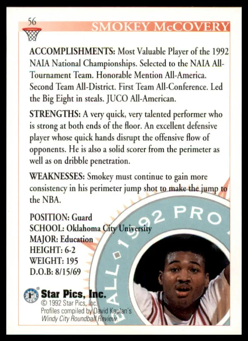 Smokey McCovery Star Pics basketball card from 1992 Oklahoma City University Stars