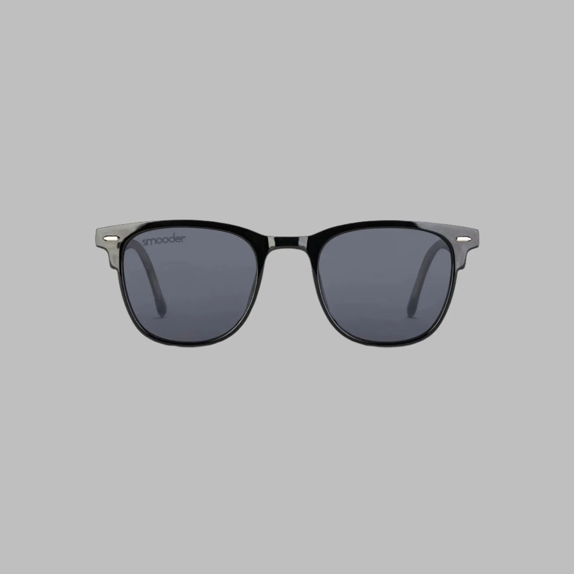 Smooder Sunglasses with black frames dark gray lenses and silver accents