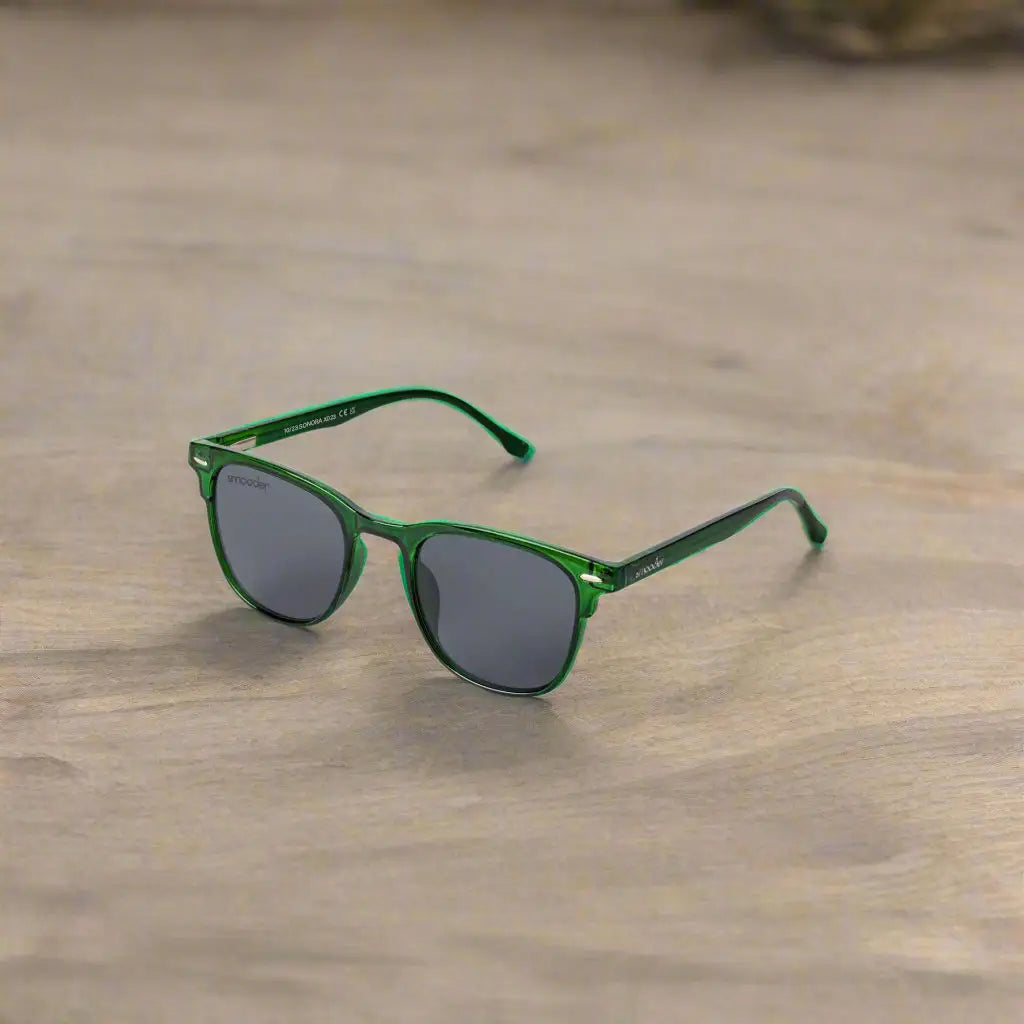 Green-framed Smooder Sunglasses with dark lenses for unisex style and superior quality