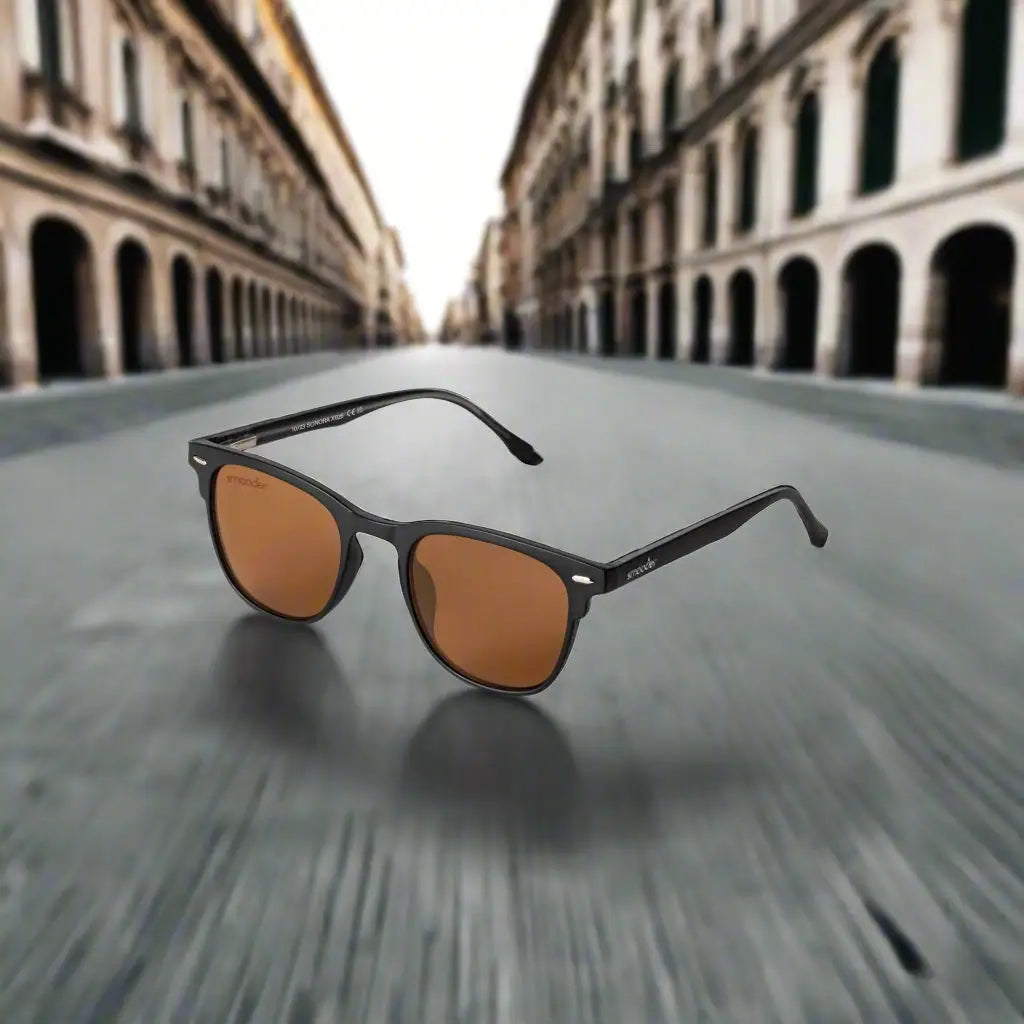 Matte black Wayfarer-style Smooder sunglasses with brown-tinted lenses for unisex style