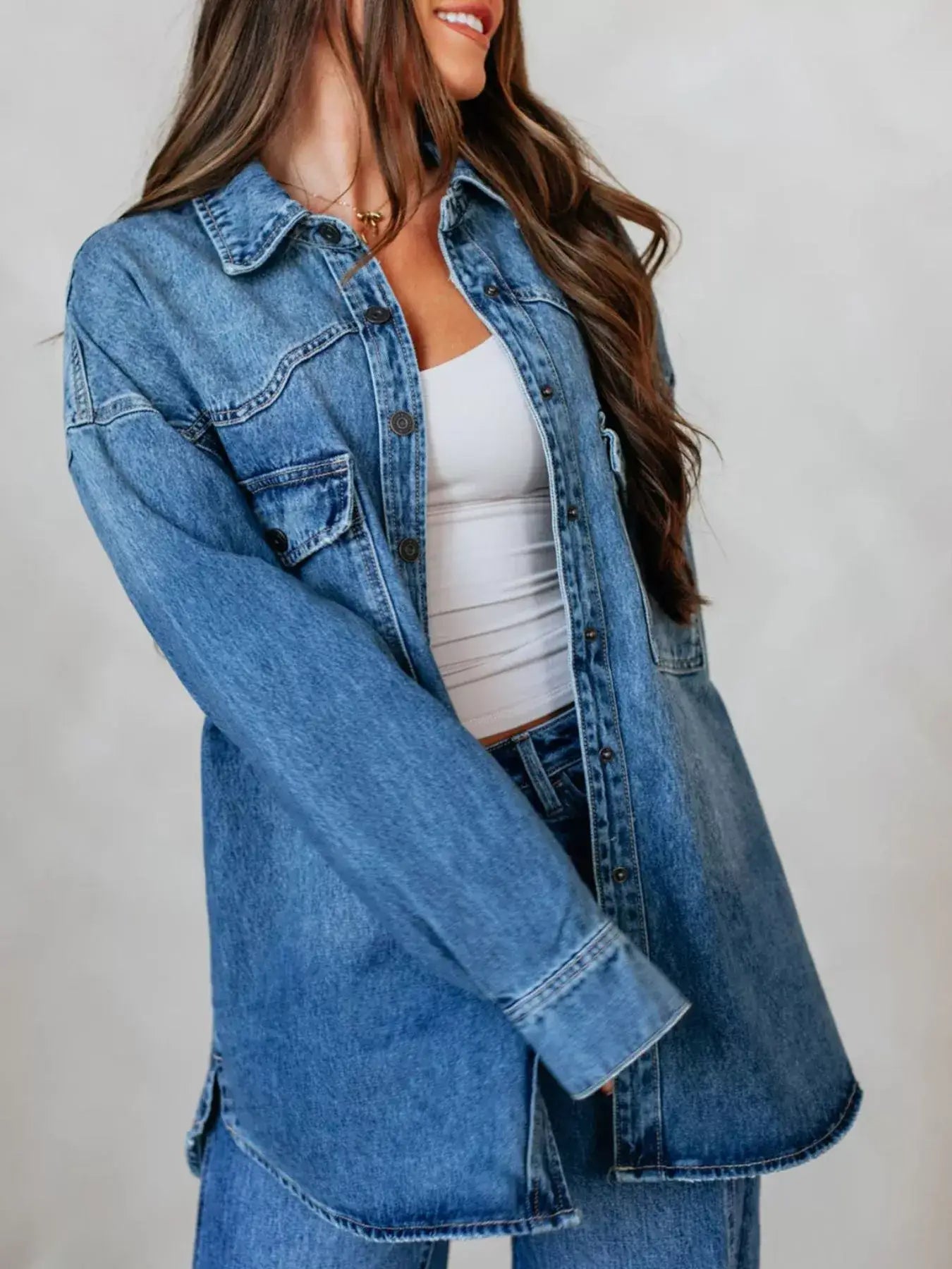 Snap Down Dropped Shoulder Denim Jacket - Denim Jacket