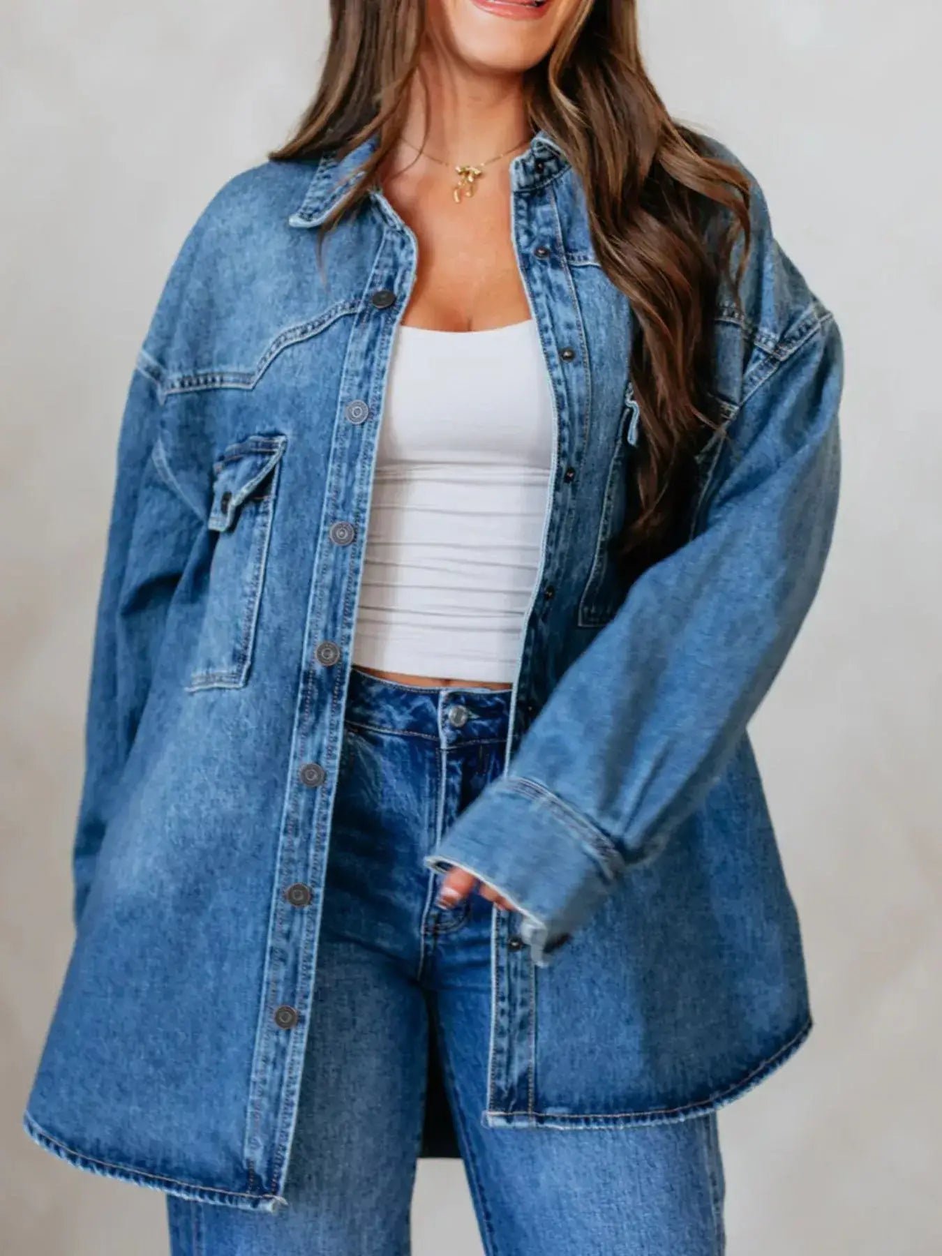 Snap Down Dropped Shoulder Denim Jacket - Denim Jacket