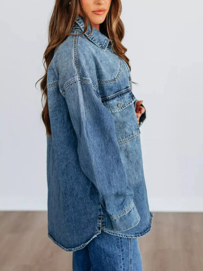 Snap Down Dropped Shoulder Denim Jacket - Denim Jacket
