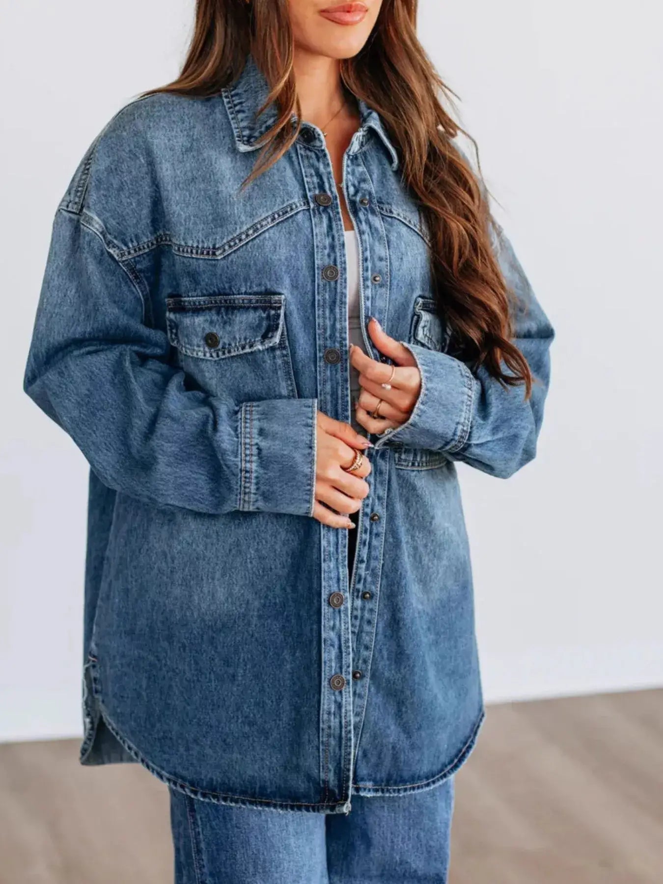 Snap Down Dropped Shoulder Denim Jacket - Dark Blue / S - Denim Jacket