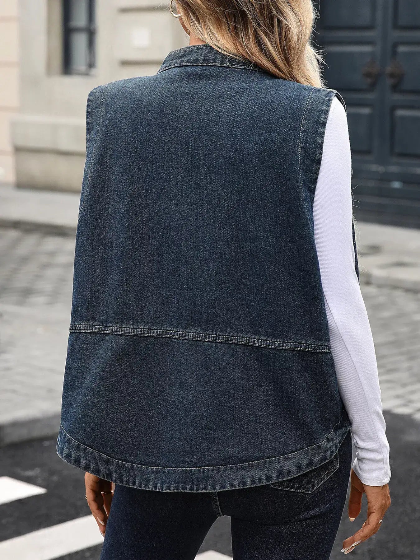 Snap Down Sleeveless Denim Jacket - Denim Jacket