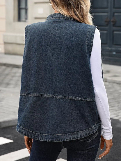 Snap Down Sleeveless Denim Jacket - Denim Jacket