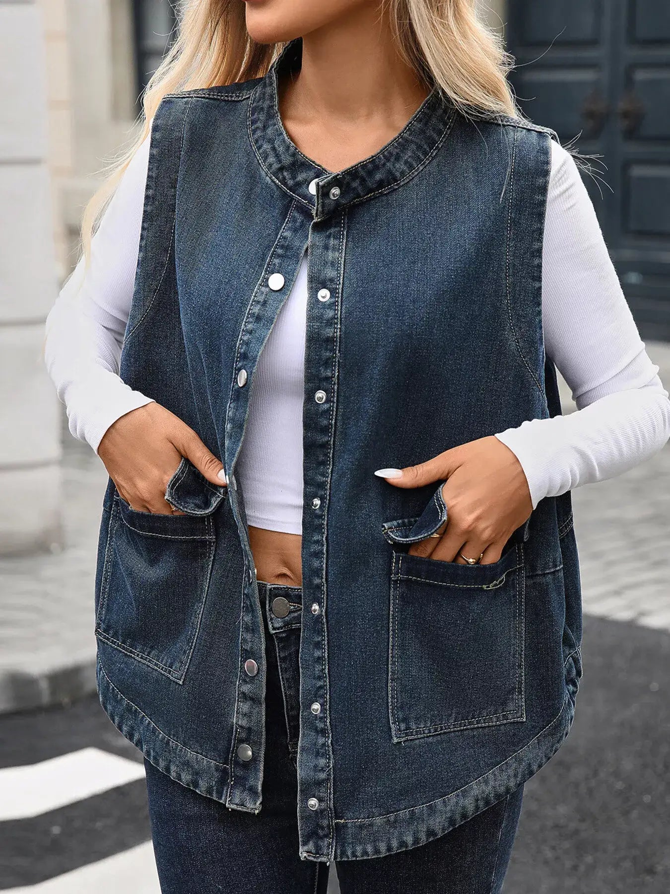 Snap Down Sleeveless Denim Jacket - Denim Jacket