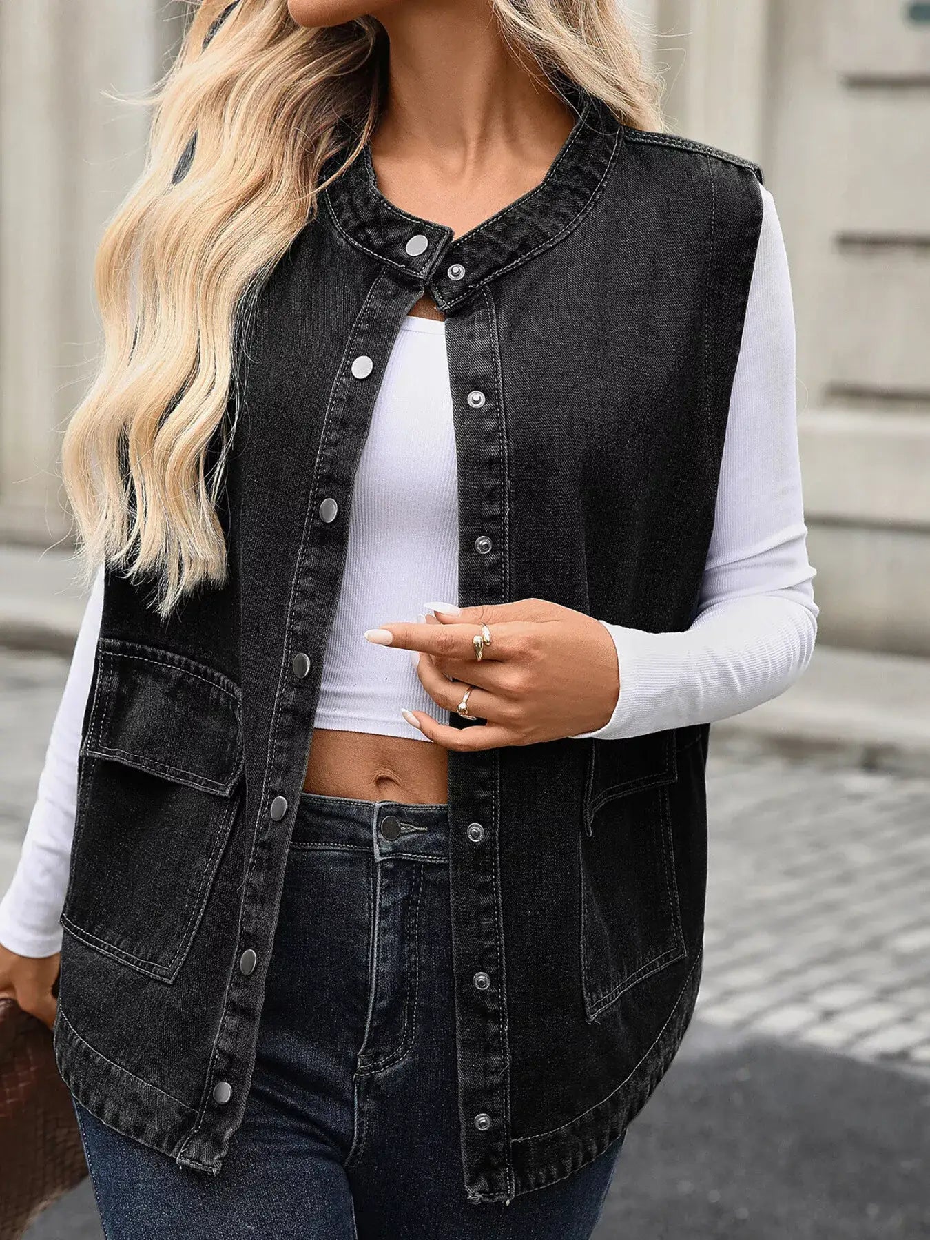 Snap Down Sleeveless Denim Jacket - Denim Jacket