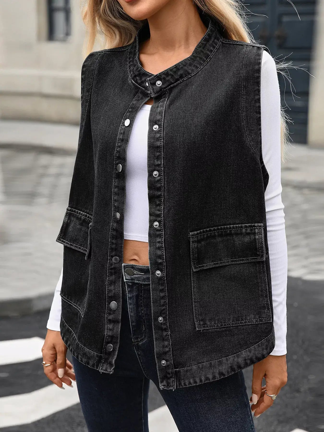 Snap Down Sleeveless Denim Jacket - Black / S - Denim Jacket