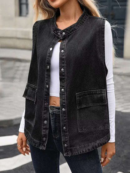 Snap Down Sleeveless Denim Jacket - Black / S - Denim Jacket