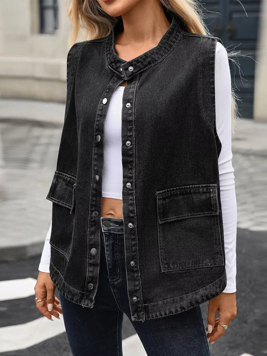 Snap Down Sleeveless Denim Jacket - Black / S - Denim Jacket