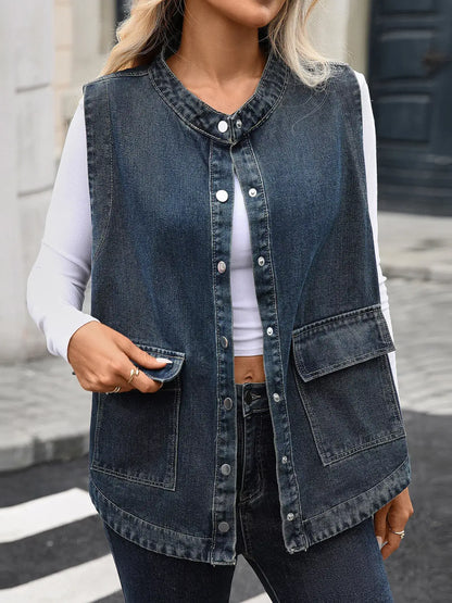 Snap Down Sleeveless Denim Jacket - Blue / S - Denim Jacket