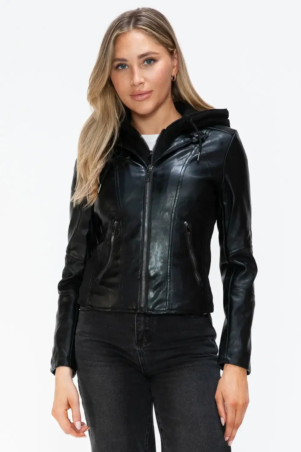 Snobbish Faux Leather Zip Up Drawstring Hooded Jacket - Black / S