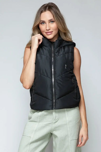 Snobbish Zip Up Quilted Hooded Vest - Black / S