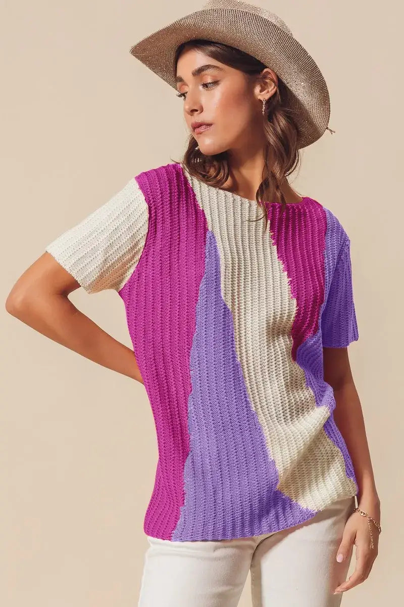 SO ME Boat Neck Multi Colored Lightweight Sweater Top - LAVENDER/MAGENTA / S