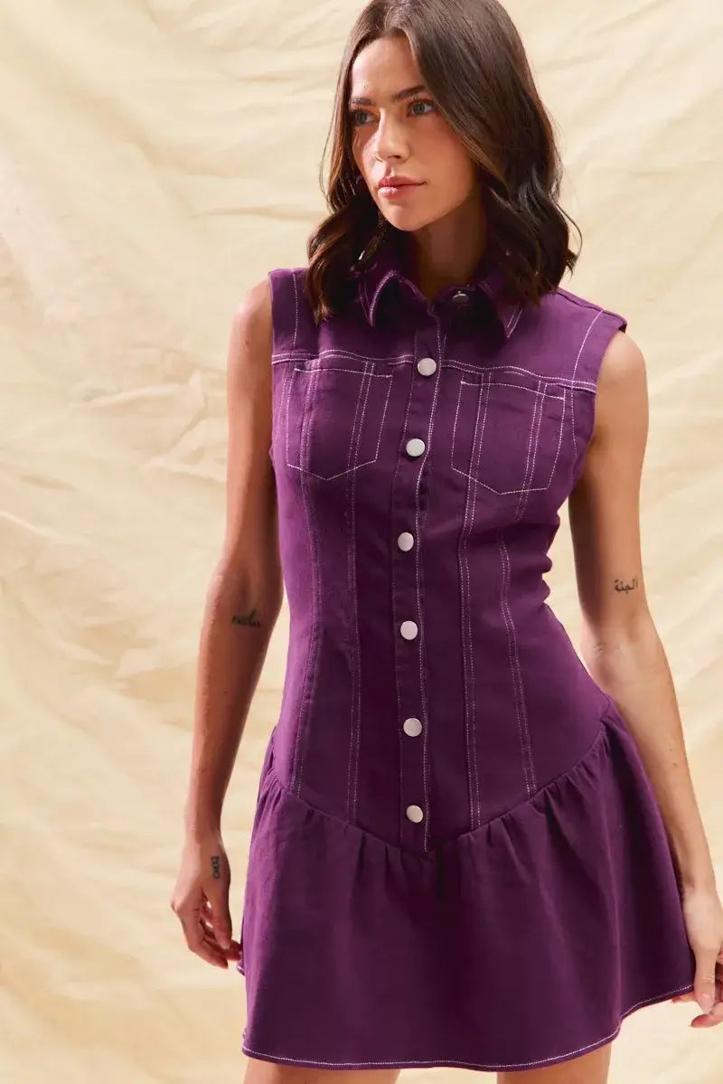 SO ME Button Down Sleeveless Collared Game Day Mini Dress