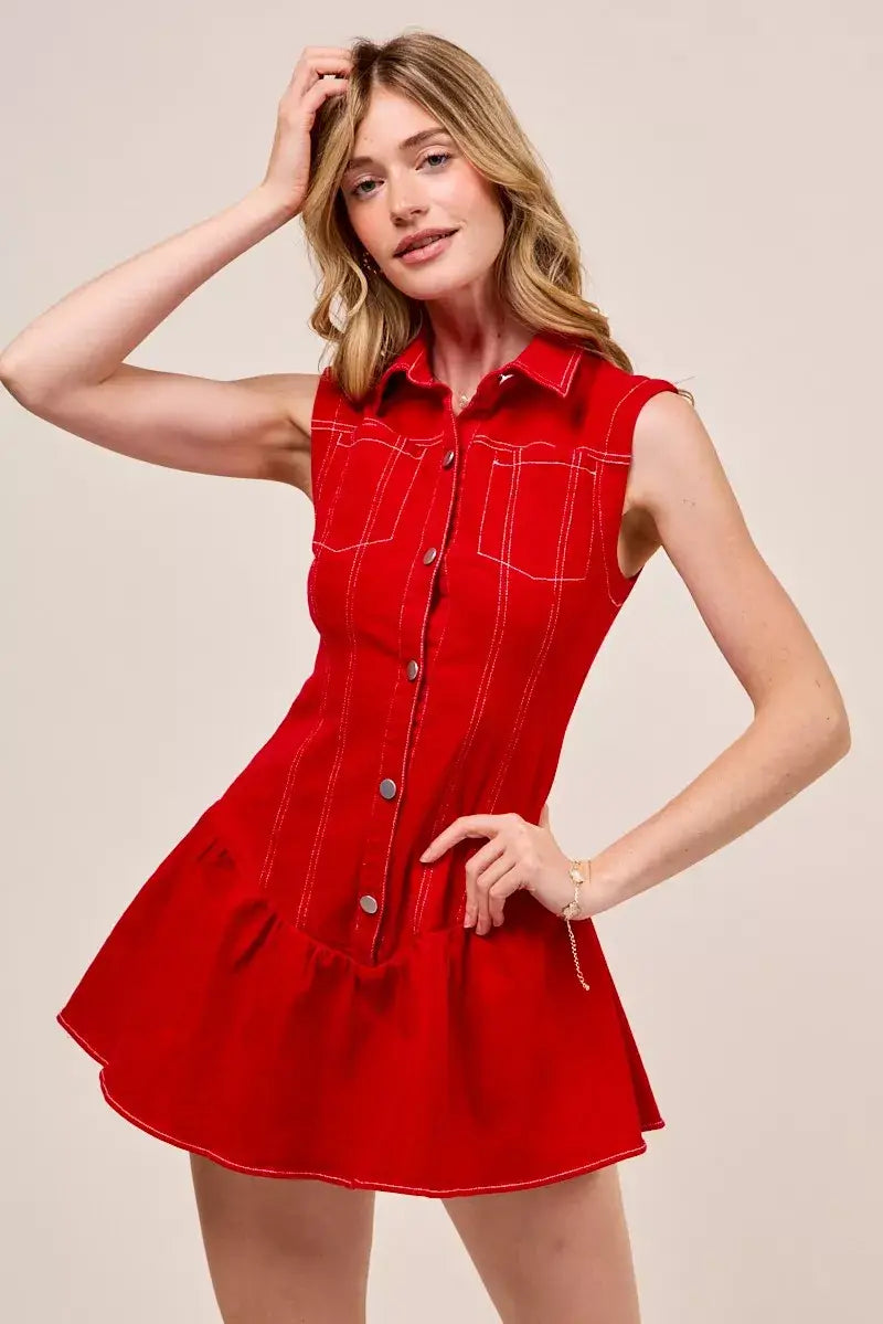 SO ME Button Down Sleeveless Collared Game Day Mini Dress