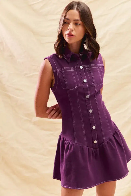 SO ME Button Down Sleeveless Collared Game Day Mini Dress - PURPLE / S