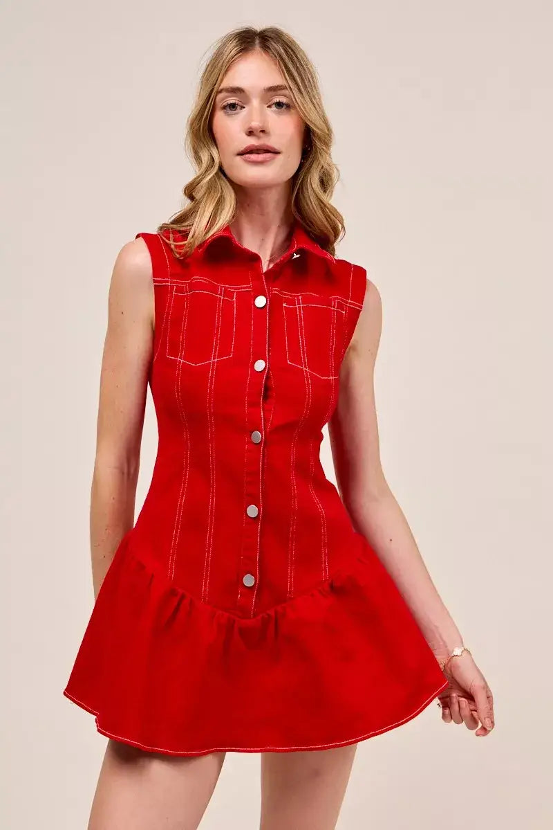 SO ME Button Down Sleeveless Collared Game Day Mini Dress - RED / S